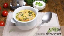  Presentation with soup - Amazing theme having tasty soup in saucepan on wooden table close up backdrop and a mint green colored foreground