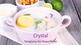  Presentation with soup - PPT theme featuring tasty soup with oysters on wooden table background and a pink colored foreground