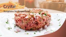 Presentation with white plate - Slides consisting of tasty steak tartare raw beef - classic steak tartare on white plate background and a coral colored foreground