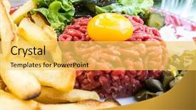  Presentation with white plate - Theme having tasty steak tartare raw beef - classic steak tartare on white plate background and a yellow colored foreground