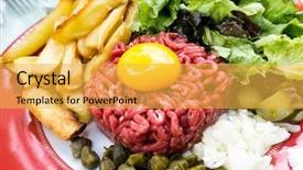  Presentation with white plate - Slide set consisting of tasty steak tartare raw beef - classic steak tartare on white plate background and a yellow colored foreground