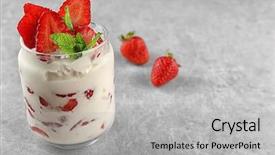  Presentation with ice cream strawberry - Amazing PPT theme having tasty strawberry with ice cream on table backdrop and a light gray colored foreground
