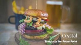  Presentation with street food - Amazing presentation design having tasty street food grilled beef burger in crispy shortbread with lettuce and mayonnaise served on small cutting board a rustic wooden table with copyspace backdrop and a coral colored foreground