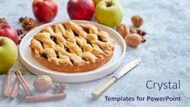  Presentation with sweet - Audience pleasing presentation design consisting of tasty-sweet-homemade-apple-pie backdrop and a sky blue colored foreground