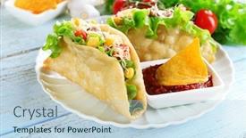  Presentation with taco - Slide deck enhanced with tasty taco with tomato dip on plate and vegetables on table close up background and a light blue colored foreground