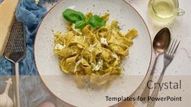  Presentation with pasta - PPT theme enhanced with tasty-tagliatelle-pasta-with-basil background and a coral colored foreground