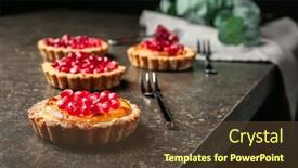  Presentation with pomegranates - Amazing presentation theme having tasty tarts with fresh seeds of pomegranates on gray table backdrop and a tawny brown colored foreground