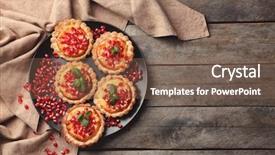  Presentation with pomegranates - Cool new theme with tasty tarts with fresh seeds of pomegranates on wooden table backdrop and a tawny brown colored foreground