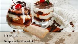  Presentation with tiramisu - Amazing theme having tasty tiramisu dessert in glasses on napkin on wooden background backdrop and a coral colored foreground