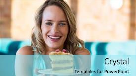  Presentation with cafe - Presentation having tasty tongue - excited woman holding pastry background and a  colored foreground