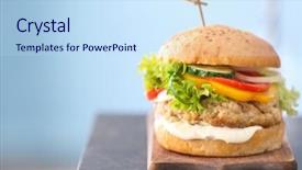  Presentation with burger - Slide deck consisting of tasty turkey burger on wooden background and a sky blue colored foreground