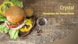  Presentation with burger - Amazing PPT theme having tasty turkey burger on wooden backdrop and a tawny brown colored foreground