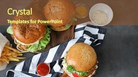  Presentation with burgers - PPT theme having tasty turkey burgers on table background and a tawny brown colored foreground