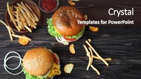  Presentation with burgers - Amazing PPT theme having tasty turkey burgers on wooden backdrop and a wine colored foreground