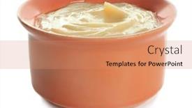  Presentation with pudding - Presentation theme enhanced with tasty vanilla pudding in ramekin on white background background and a coral colored foreground