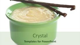  Presentation with pudding - Amazing PPT theme having tasty vanilla pudding in ramekin and sticks on white background backdrop and a mint green colored foreground