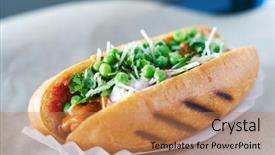  Presentation with vegan - Cool new PPT theme with tasty vegan meatless hot dog backdrop and a coral colored foreground