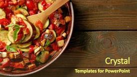  Presentation with ratatouille - Slides with tasty vegetarian ratatouille made of eggplants squash tomatoes and onions in black cast iron pan on wooden table background background and a tawny brown colored foreground