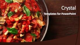  Presentation with ratatouille - Audience pleasing slides consisting of tasty vegetarian ratatouille made of eggplants squash tomatoes and onions in black cast iron pan on wooden table background backdrop and a tawny brown colored foreground