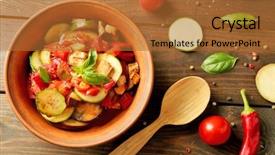  Presentation with ratatouille - Amazing slide deck having tasty vegetarian ratatouille made of eggplants squash tomatoes in bowl on wooden table background backdrop and a red colored foreground