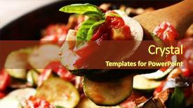  Presentation with ratatouille - Beautiful slide set featuring tasty vegetarian ratatouille on pan backdrop and a tawny brown colored foreground