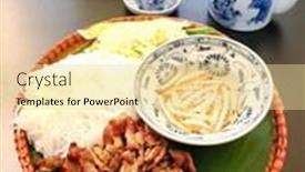  Presentation with vietnamese food - Amazing slide deck having tasty-vietnamese-food-bo-bun backdrop and a blonde colored foreground