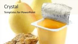  Presentation with fruit yogurt - Beautiful slide deck featuring tasty yogurt in open plastic cup cookies and fruit isolated on white backdrop and a blonde colored foreground