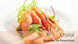  Presentation with food fish - Audience pleasing slides consisting of tataki-salmon-closeup-view-japanese backdrop and a coral colored foreground