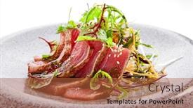  Presentation with tuna fish - Colorful slides enhanced with tataki-tuna-closeup-view-traditional backdrop and a red colored foreground