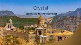  Presentation with monastery - Presentation design with tatev-monastery-panorama-landscape-mountains background and a teal colored foreground