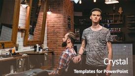  Presentation with hair salon - Presentation theme consisting of tatouage - young modern barber on his background and a tawny brown colored foreground