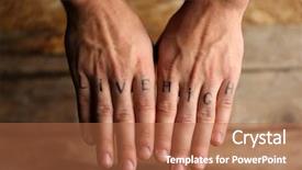  Presentation with hologram mesh human male - Amazing PPT theme having tattoo inscriptions on male fingers backdrop and a  colored foreground