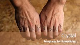  Presentation with hologram mesh human male - PPT theme featuring tattoo inscriptions on male fingers background and a coral colored foreground