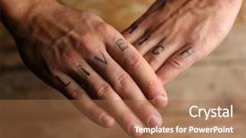  Presentation with tattoo - Cool new PPT theme with tattoo inscriptions on male fingers backdrop and a coral colored foreground