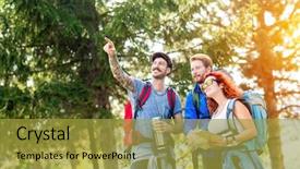  Presentation with friends show - Slide deck having tattooed man with friends show in distance in wood background and a gold colored foreground