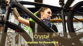  Presentation with mechanic - Cool new slide deck with tattooed-mechanic-fixing-bicycle backdrop and a tawny brown colored foreground