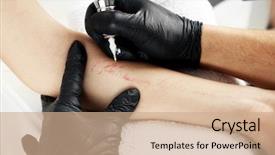  Presentation with tattoo - Presentation design with tattooer showing process of making tattoo close up background and a coral colored foreground