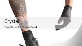  Presentation with black hands - PPT theme with tattooist hands in black gloves background and a light gray colored foreground
