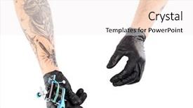  Presentation with black hands - Amazing PPT theme having tattooist hands in black gloves backdrop and a white colored foreground