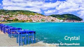  Presentation with green town cities - Presentation theme featuring tavern - skopelos island view of town background and a teal colored foreground