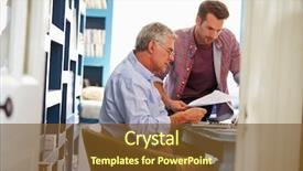  Presentation with home office - Slide set featuring tax - son giving senior parent financial background and a tawny brown colored foreground