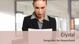  Presentation with reading - PPT theme having tax - surprised woman reading a business background and a soft green colored foreground