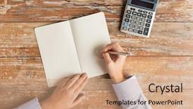  Presentation with business calculator - PPT layouts with business education people and technology concept - close up of female hands with calculator pen and notebook on table background and a coral colored foreground