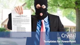  Presentation with tax - PPT theme enhanced with tax collector - thief businessman showing a document background and a ocean colored foreground