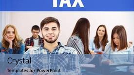  Presentation with tax - PPT theme featuring tax concept group of students background and a teal colored foreground