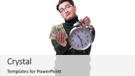  Presentation with young man holdng laptop on lap money - PPT layouts with tax graduation - nerd young man with clock background and a white colored foreground