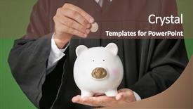  Presentation with piggy bank - Beautiful PPT theme featuring tax graduation - young graduate putting coin backdrop and a  colored foreground