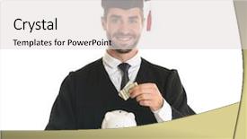  Presentation with tax - Amazing PPT layouts having tax graduation - young graduate with piggy bank backdrop and a light gray colored foreground