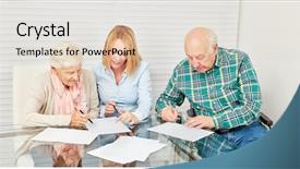  Presentation with senior citizen - Colorful theme enhanced with tax law - woman advising senior citizen backdrop and a lemonade colored foreground