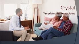  Presentation with advisor to senior clients - Cool new slides with tax policy - senior couple meeting with male backdrop and a  colored foreground